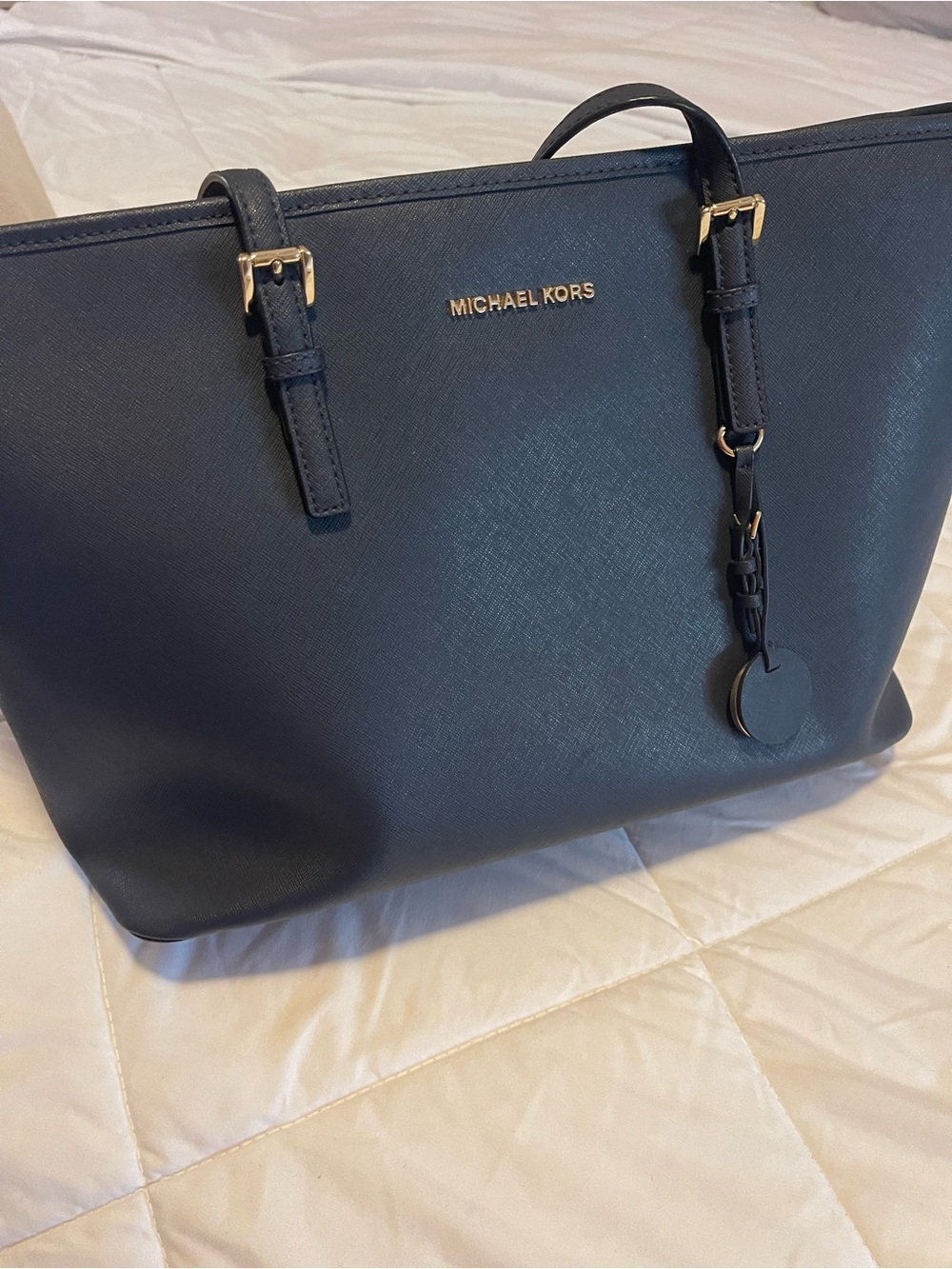 Michael Kors Navy Saffiano Leather Tote with Gold Hardware